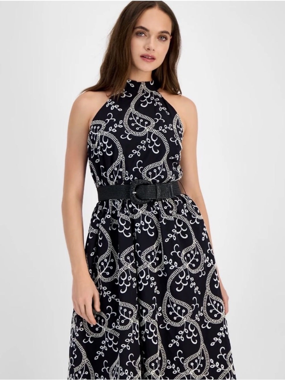 NWT Anne Klein Embroidered Halter Maxi Dress Belted Black Ivory Size 16 - Picture 4 of 11